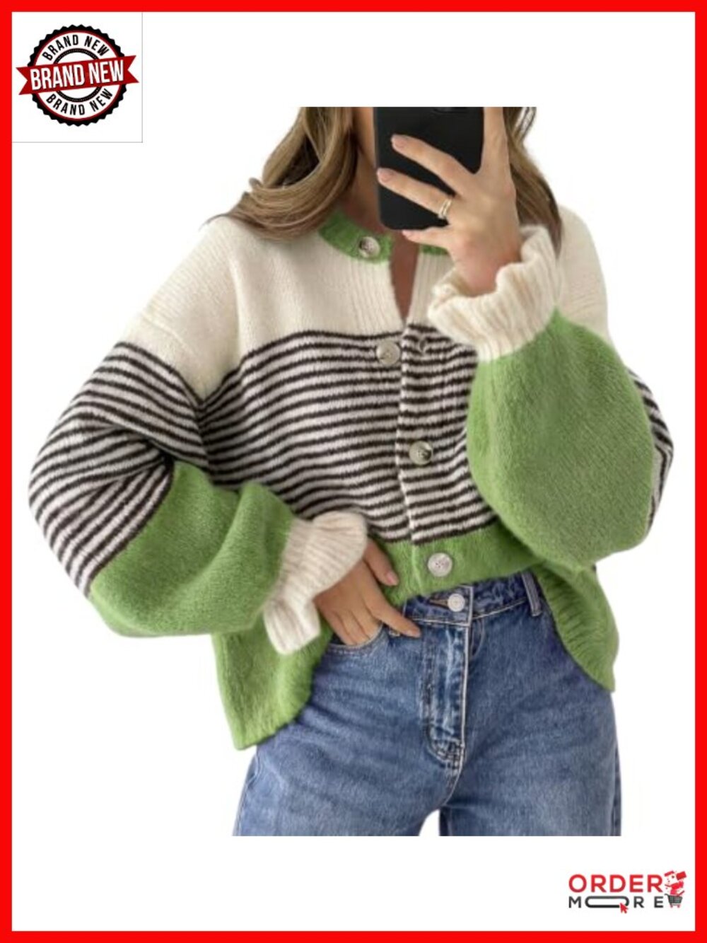 Striped Ruffle Sleeve Button Up Cardigan Sweater Loose Knit Fall Winter